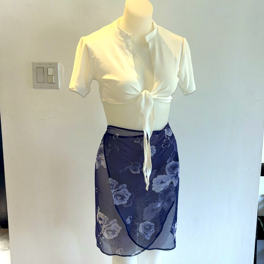 NEW & 90s VTG Rose Printed Semi-Sheer Wrap Skirt With Beach Top